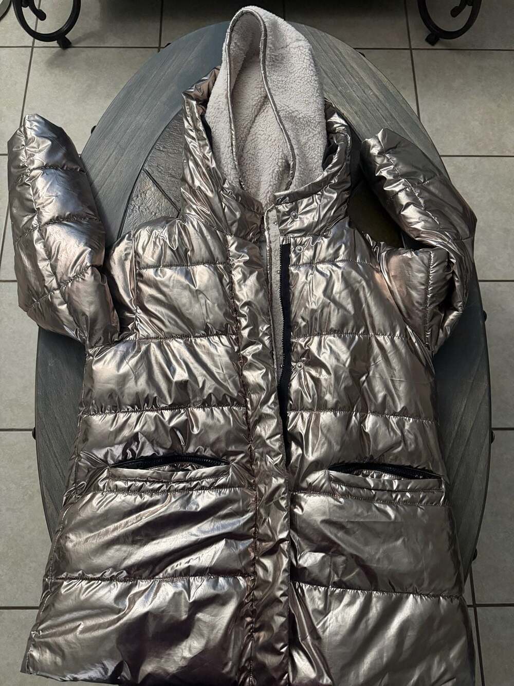 Zara Puffer Jacket kids 13-14 Metallic Silver Sherpa Hood